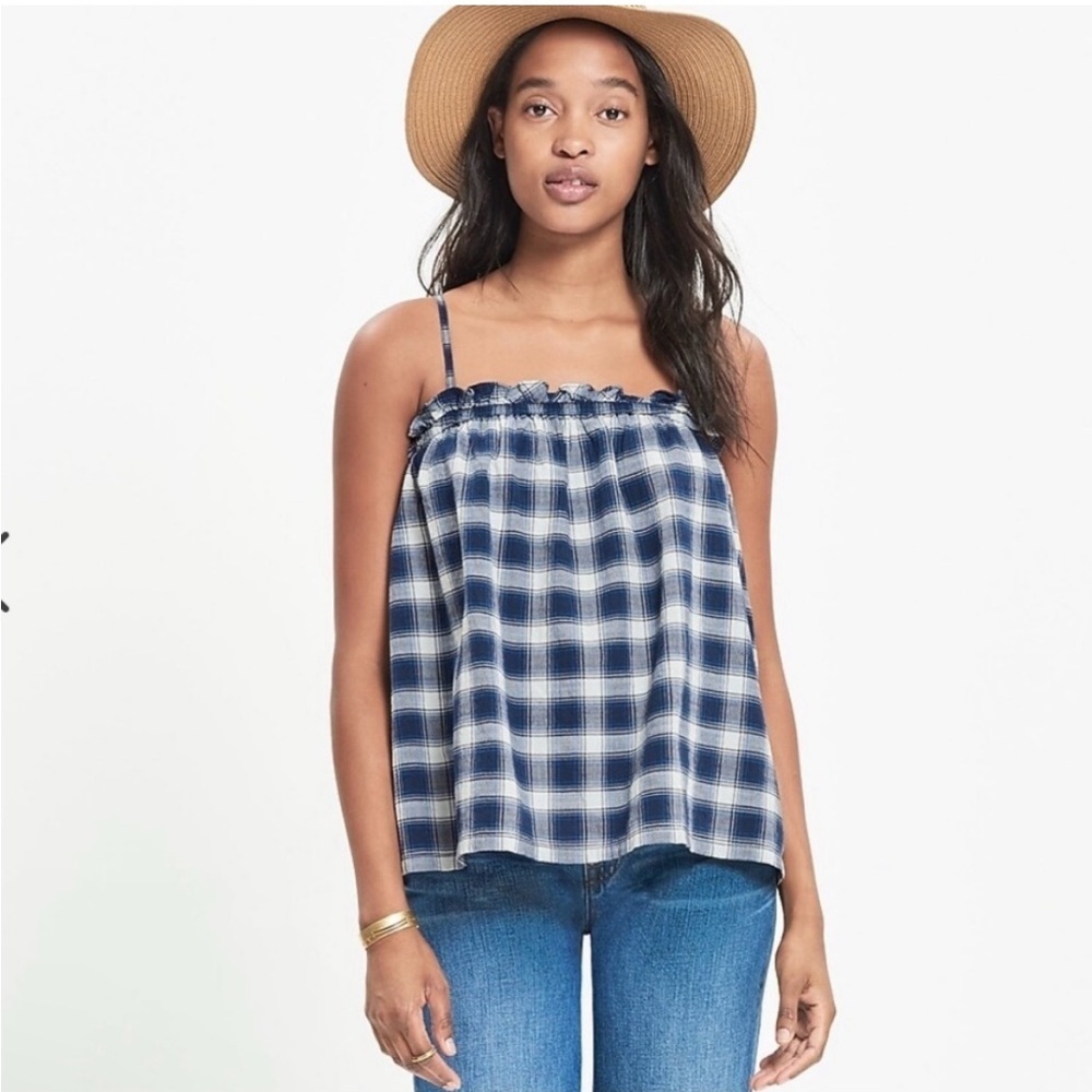 Madewell Indigo Plaid Strappy Tank Top Small Blue Ruffle Tie Back Loos Fit GUC